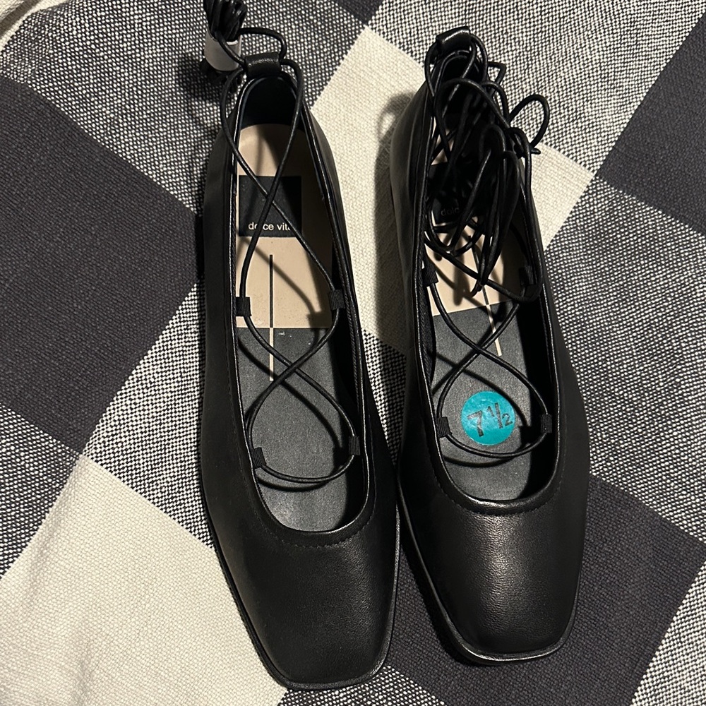 Black Square-Toe Lace-Up Flats